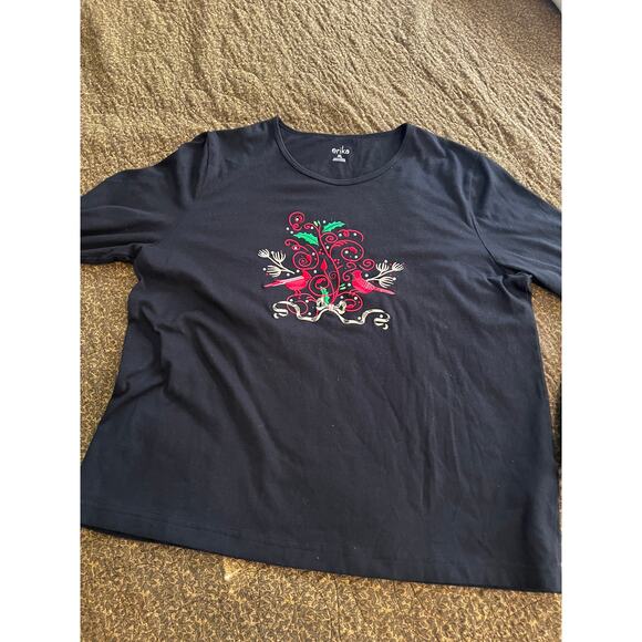 Erika black pullover long sleeve top embroider Christmas winter cardinal birds - Picture 4 of 7